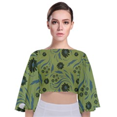 Folk Flowers Art Pattern Tie Back Butterfly Sleeve Chiffon Top by Eskimos