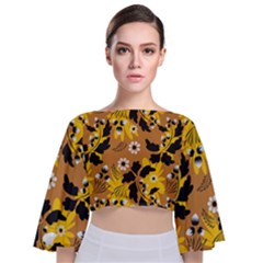 Folk Flowers Art Pattern  Tie Back Butterfly Sleeve Chiffon Top by Eskimos