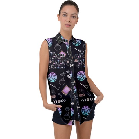 Small Witch Goth Pastel Print Sleeveless Chiffon Button Shirt by NerdySparkleGoth