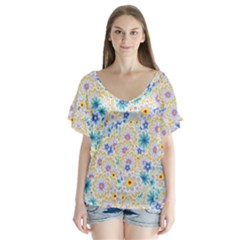 Flower Bomb 2 V-neck Flutter Sleeve Top by PatternFactory