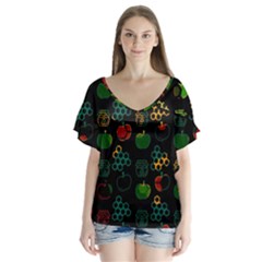 Apples Honey Honeycombs Pattern V-neck Flutter Sleeve Top by Sapixe