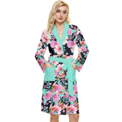 Flower Black Pink Long Sleeve Velour Robe by flowerland