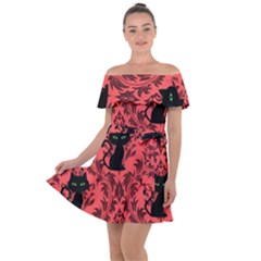 Cat Pattern Off Shoulder Velour Dress by NerdySparkleGoth