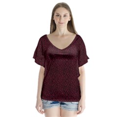 Red Curve Stripes On Black Background V-neck Flutter Sleeve Top by SychEva