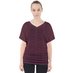 Red Curve Stripes On Black Background V-neck Dolman Drape Top by SychEva