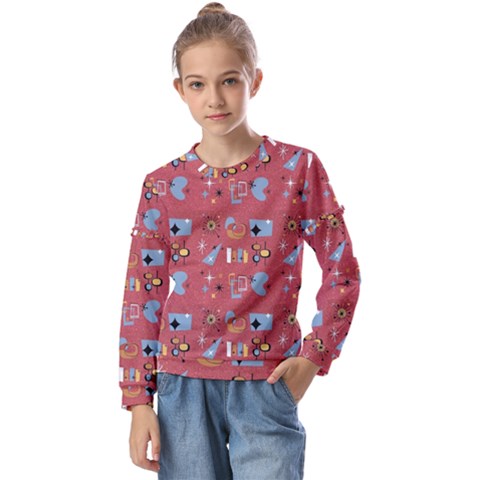 50s Red Kids  Long Sleeve Tee With Frill  by NerdySparkleGoth