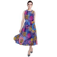 Multicolored Splashes And Watercolor Circles On A Dark Background Round Neck Boho Dress by SychEva