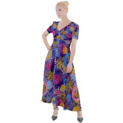 Multicolored Splashes And Watercolor Circles On A Dark Background Button Up Short Sleeve Maxi Dress by SychEva