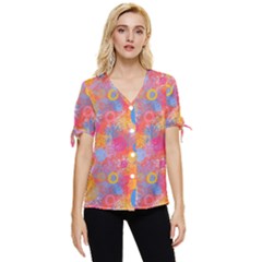 Multicolored Splashes And Watercolor Circles On A Dark Background Bow Sleeve Button Up Top by SychEva