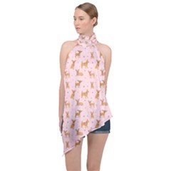 Cute Chihuahua With Sparkles On A Pink Background Halter Asymmetric Satin Top by SychEva