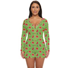Juicy Slices Of Watermelon On A Green Background Long Sleeve Boyleg Swimsuit by SychEva