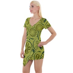 Folk Flowers Pattern  Short Sleeve Asymmetric Mini Dress by Eskimos