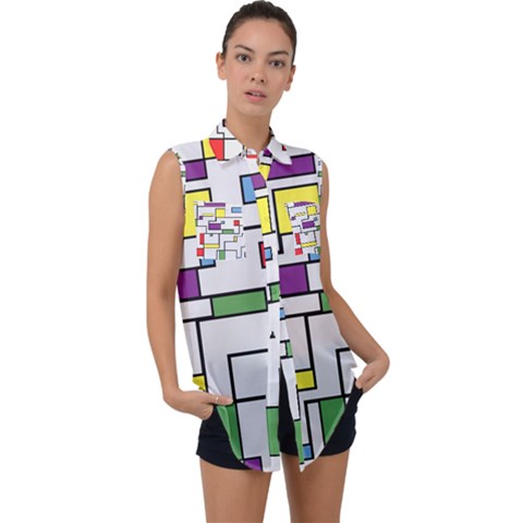 Colorful Rectangles Sleeveless Chiffon Button Shirt by LalyLauraFLM