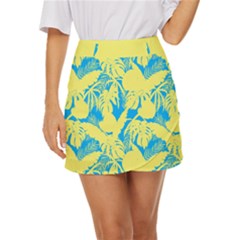 Yellow And Blue Leafs Silhouette At Sky Blue Mini Front Wrap Skirt by Casemiro
