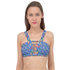 Multicolored Butterflies Fly On A Blue Background Cage Up Bikini Top by SychEva