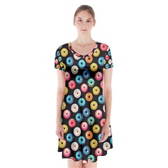 Multicolored Donuts On A Black Background Short Sleeve V-neck Flare Dress by SychEva