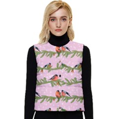 Bullfinches Sit On Branches On A Pink Background Women s Short Button Up Puffer Vest by SychEva