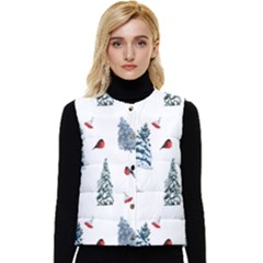 Christmas Trees And Bullfinches Women s Short Button Up Puffer Vest by SychEva