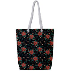Large Christmas Poinsettias On Black Full Print Rope Handle Tote (small) by PodArtist