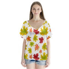 Bright Autumn Leaves V-neck Flutter Sleeve Top by SychEva