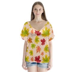 Bright Autumn Leaves V-neck Flutter Sleeve Top by SychEva
