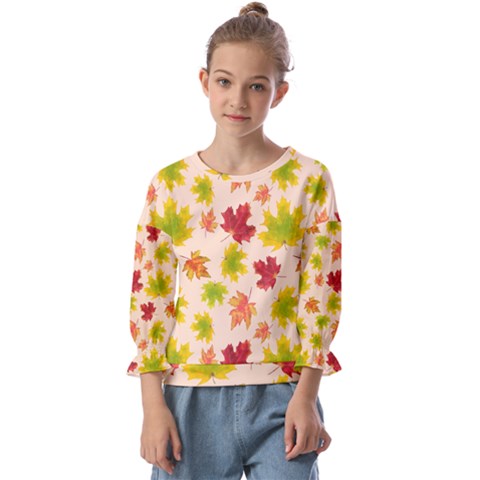 Bright Autumn Leaves Kids  Cuff Sleeve Top by SychEva