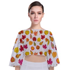 Watercolor Autumn Leaves Tie Back Butterfly Sleeve Chiffon Top by SychEva