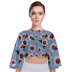 Hibiscus Flowers Tie Back Butterfly Sleeve Chiffon Top by SychEva