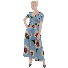 Hibiscus Flowers Button Up Short Sleeve Maxi Dress by SychEva