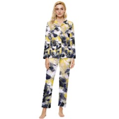 Black, Gray And Yellow Swirls Womens  Long Sleeve Velvet Pocket Pajamas Set by Khoncepts