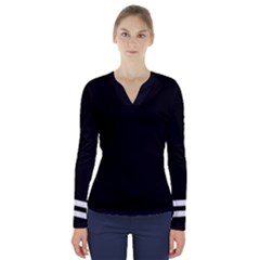 Two Lower Horizontal White Stripes On Black V-neck Long Sleeve Top by VernenInk