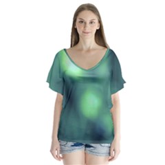 Green Vibrant Abstract V-neck Flutter Sleeve Top by DimitriosArt