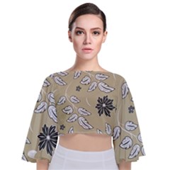 Folk Flowers Print Floral Pattern Ethnic Art Tie Back Butterfly Sleeve Chiffon Top by Eskimos