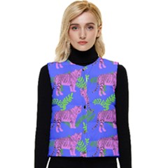 Pink Tigers On A Blue Background Women s Short Button Up Puffer Vest by SychEva