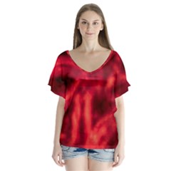 Cadmium Red Abstract Stars V-neck Flutter Sleeve Top by DimitriosArt