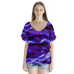 Purple  Waves Abstract Series No2 V-neck Flutter Sleeve Top by DimitriosArt