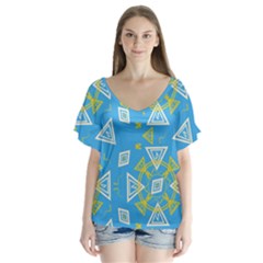 Abstract Pattern Geometric Backgrounds   V-neck Flutter Sleeve Top by Eskimos