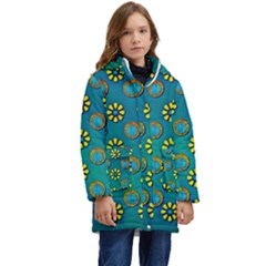 Yellow And Blue Proud Blooming Flowers Kid s Hooded Longline Puffer Jacket by pepitasart