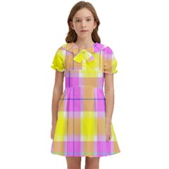 Pink Tartan-8 Kids  Bow Tie Puff Sleeve Dress by tartantotartanspink2