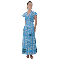 Folk Flowers Print Floral Pattern Ethnic Art Flutter Sleeve Maxi Dress by Eskimos