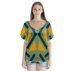 Abstract Geometric Design    V-neck Flutter Sleeve Top by Eskimos