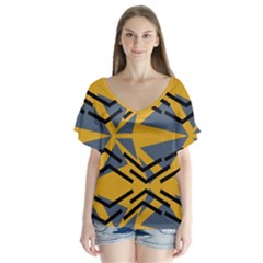 Abstract Pattern Geometric Backgrounds V-neck Flutter Sleeve Top by Eskimos