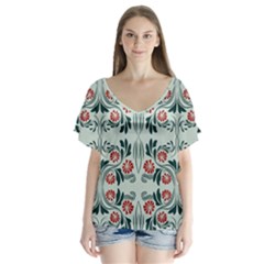 Folk Flowers Print Floral Pattern Ethnic Art V-neck Flutter Sleeve Top by Eskimos