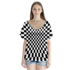 Illusion Checkerboard Black And White Pattern V-neck Flutter Sleeve Top by Nexatart