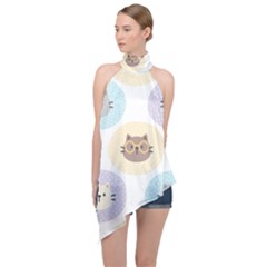 Cute Cat Seamless Pattern Background Halter Asymmetric Satin Top by Jancukart