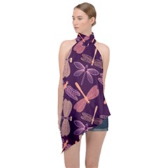 Dragonfly-pattern-design Halter Asymmetric Satin Top by Jancukart