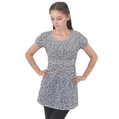 Black And White Hello Text Motif Random Pattern Puff Sleeve Tunic Top by dflcprintsclothing