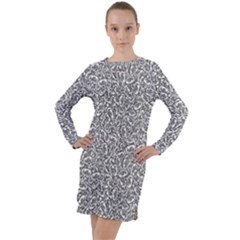 Black And White Hello Text Motif Random Pattern Long Sleeve Hoodie Dress by dflcprintsclothing