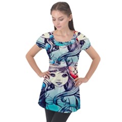 Beautifull Ariel Little Mermaid  Painting Puff Sleeve Tunic Top by artworkshop