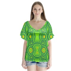 Abstract Pattern Geometric Backgrounds  V-neck Flutter Sleeve Top by Eskimos